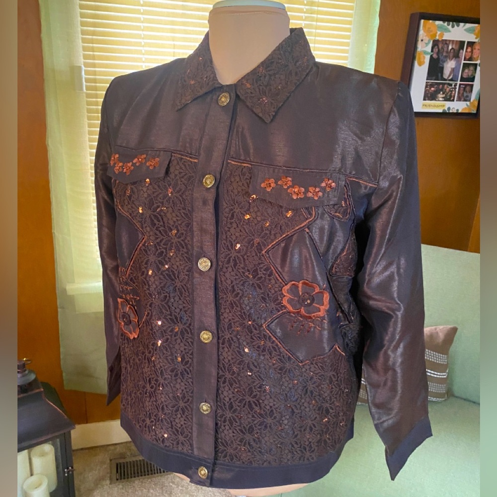 Vintage Indigo Moon Floral Western Embroidered Brown Blouse (Size XL)